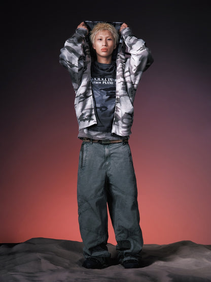 X NOMANUAL Moonface Hooded Zip-up Sweater