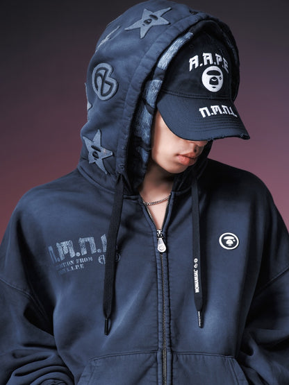 X NOMANUAL Moonface Hooded Zip-up Sweater