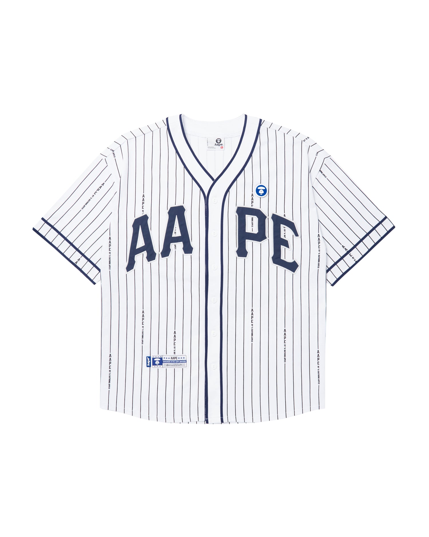AAPE Moonface patch striped short-sleeve baseball shirt | Aape